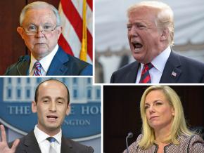 Clockwise from top left: Jefferson Beauregard Sessions III, Donald Trump, Kristjen Nielsen and Stephen Miller